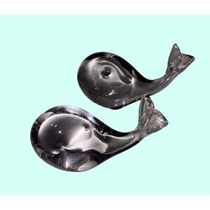 2 Lindstrom Sweden Glass Whale Figurines Paperweight 6" 4"